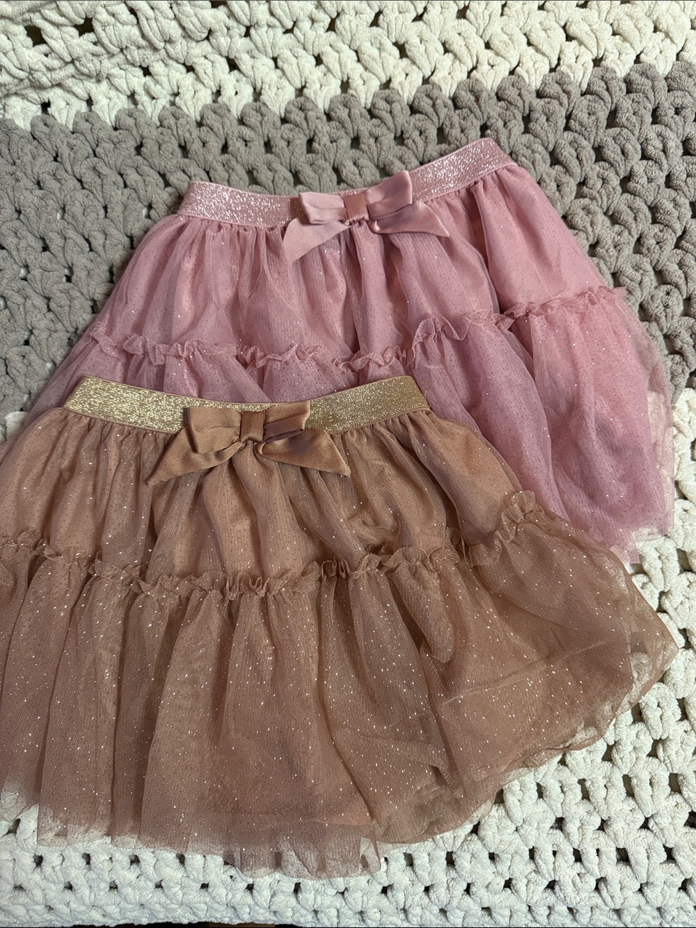 H&M Pink and Brown Glitter Tulle Skirts with Bows and Elastic Waistbands